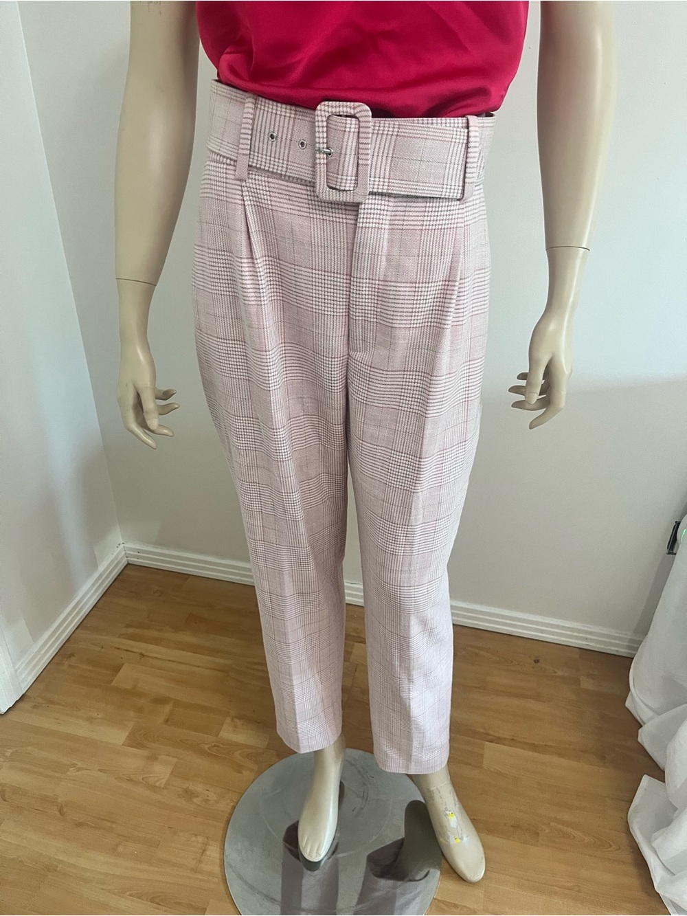 Zara Pink Plaid High-Waist Belted Straight Leg Trousers